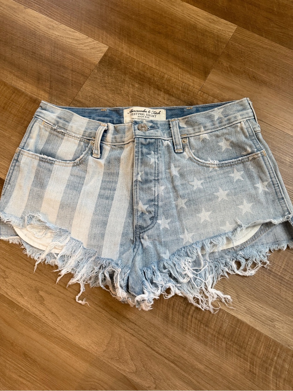 Abercrombie & Fitch Festival Flag-Print Denim Cutoff Shorts - Light Blue - Size2